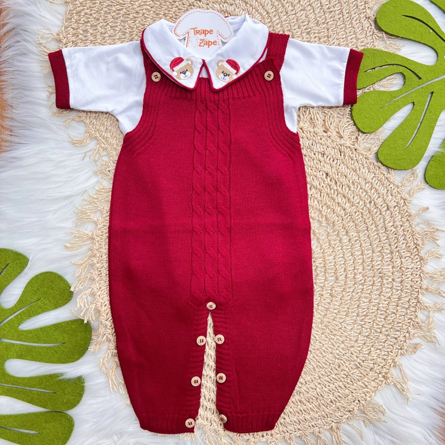 Conjunto Jardineira de Linha e Body Ursinho de Natal - Vermelho